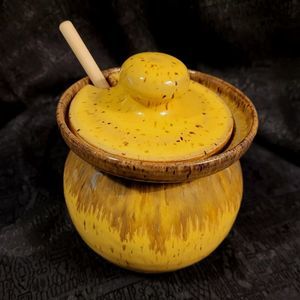 Triple C Honey Pot w/ Wooden Dipper Mustard Yellow Stoneware Blue Ridge Glazed